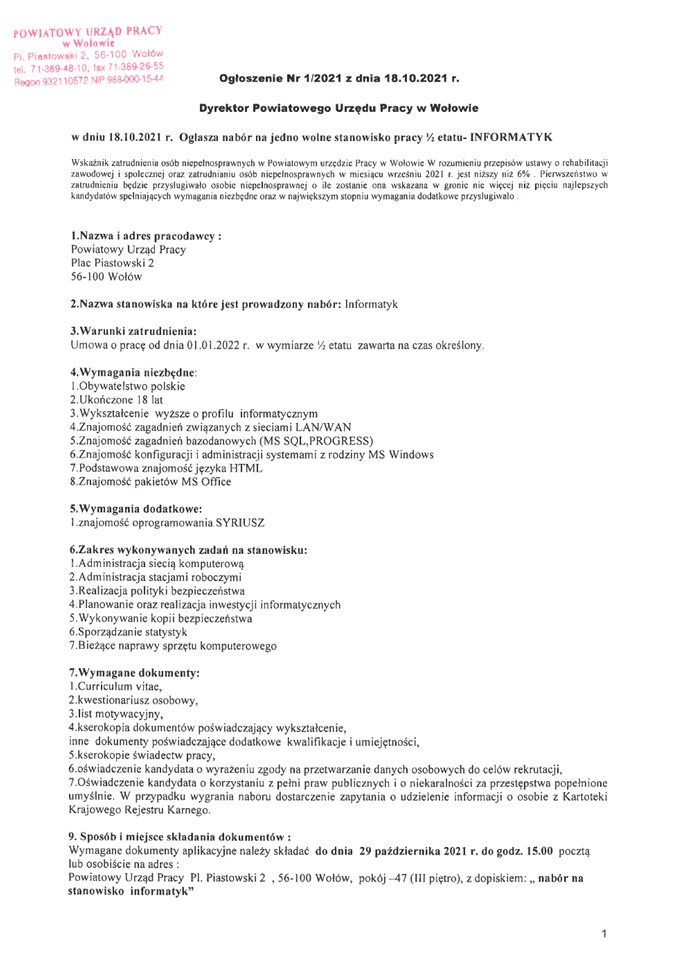 Nabór na stanowisko informatyk
